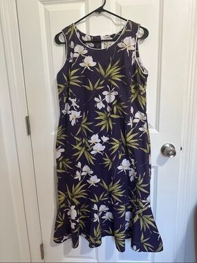 Vintage Purple Floral Hawaiian Tropical Midi Dress with White Blossoms - Size L